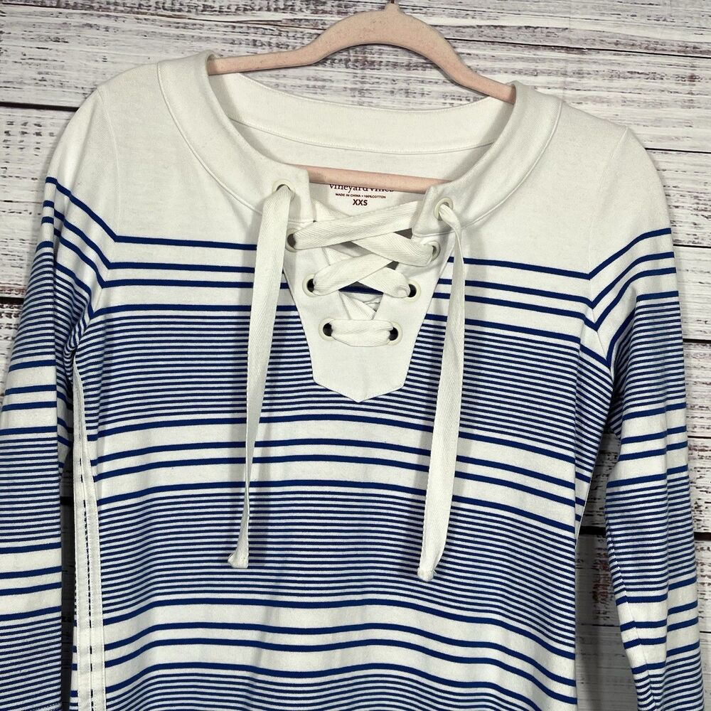 Vineyard Vines Dress Yacht Stripe White Blue Lace Up Cotton Preppy Nautical XXS - Picture 2 of 11